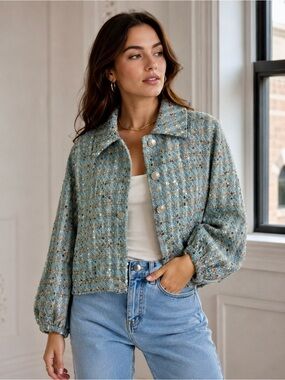 🌺 Tyler Boe Tweed Cropped Blazer in Blue Multi